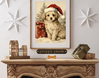 May include: A vintage Christmas card featuring a cute, fluffy white dog wearing a red Santa hat and sitting next to a red and white gift box. The dog is surrounded by a snowy landscape with pine trees in the background.