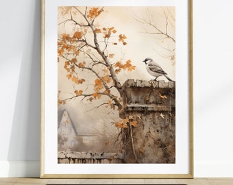 Rustic Autumn Bird Print: Vintage Fall Wall Art (Digital Download)