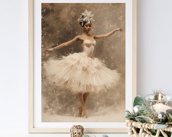 May include: A framed print of a ballerina wearing a white tutu and a crown of snowflakes. The background is a soft brown with a snowy effect.