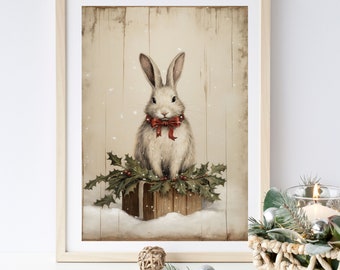May include: A white rabbit wearing a red bow sits on a wooden box with holly and berries. The background is a light woodgrain with a snowy effect.