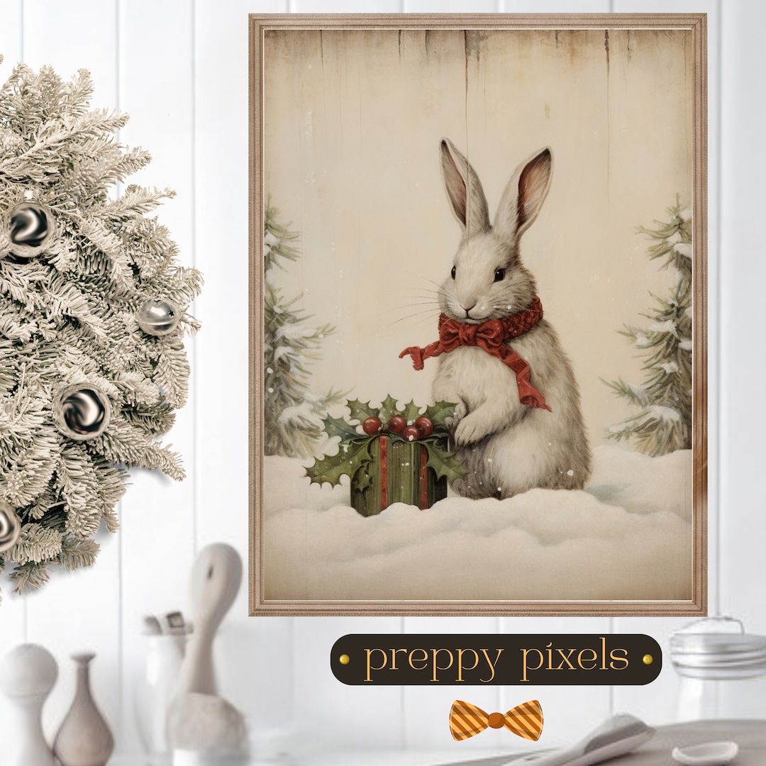 Rustic Print Rabbit Christmas Wall Art Vintage Rabbit Printable Rustic Xmas Art Vintage ...
