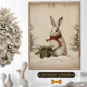 Christmas Wall Art Vintage Rabbit Printable Rustic Xmas Art Vintage Christmas Art Xmas Prints