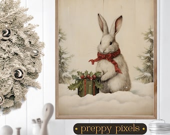 Christmas Wall Art Vintage Rabbit Printable Rustic Xmas Art Vintage Christmas Art Xmas Prints