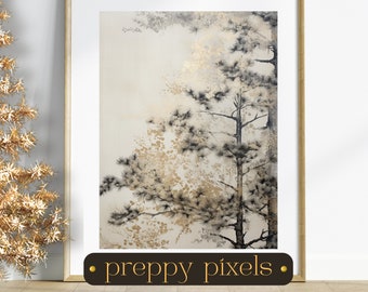 Winter Pine Tree Art Print: Neutral Gold Highlight Xmas Decor (Digital Download)