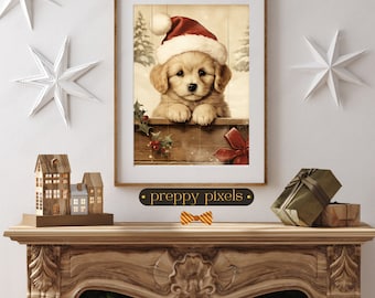 May include: A golden retriever puppy wearing a red Santa hat peeks over a wooden fence decorated with holly and a red bow. The background is a rustic woodgrain with a snowy effect.