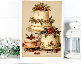 May include: Three white cakes decorated with holly and red berries. The cakes are on a white background.