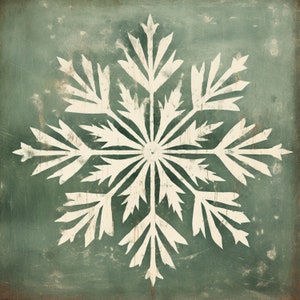 K&ouml;nnte beinhalten: Ein wei&szlig;es Schneeflocken-Design auf gr&uuml;nem Hintergrund. Die Schneeflocke ist ein einfaches Design mit sechs Zacken und einem Kreis in der Mitte.