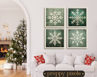 Gallery Wall Print SET of 4 Snowflakes Green Christmas Printable Rustic Xmas Art Gallery Wall Collage Vintage Christmas Art Xmas Prints
