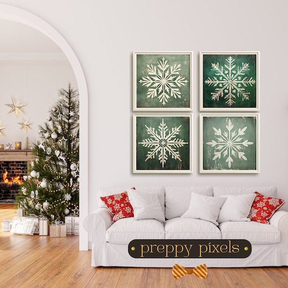 Snowflake Christmas Print Set: Rustic Green Xmas Art (Digital Download)