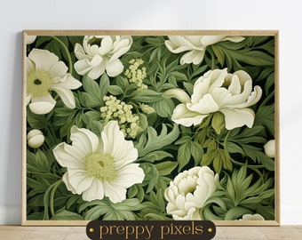 May include: A framed print featuring a botanical illustration of white flowers and green leaves on a dark background. The print is titled "preppy pixels".