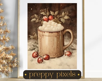 May include: A brown ceramic mug with white foam and red berries on top, surrounded by holly leaves and snow. The mug has a decorative design and a handle. The background is a dark brown with white speckles.