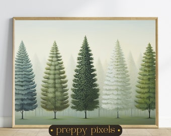 May include: A digital illustration of five stylized evergreen trees in a row. The trees are different shades of green and white, with a misty background. The text "preppy pixels" is at the bottom of the image.