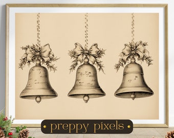 May include: Three vintage-style bells with bows and holly sprigs hanging from a string. The bells are decorated with musical notes and have a cream background.
