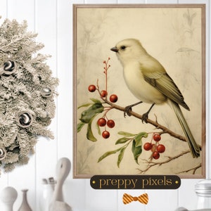 Winter Bird and Holly Berries Home Wall Art Printable Xmas Art Winter Art Xmas Prints Livingroom Art Rustic Wall Art