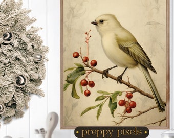 May include: A white bird with a yellow beak perched on a branch with red berries. The background is a vintage-style illustration with a light brown color.