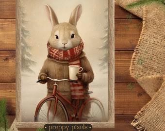 Christmas Wall Art Bunny with Bike Printable Rustic Xmas Art Vintage Christmas Art Xmas Prints
