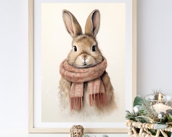 May include: A watercolor painting of a brown rabbit wearing a pink and white patterned scarf. The rabbit is looking directly at the viewer with a sweet expression.