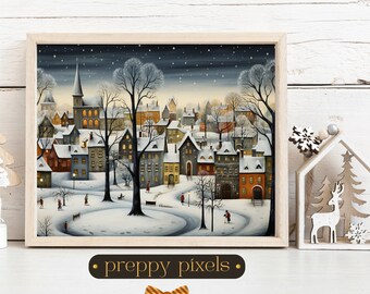 May include: A painting of a snowy village scene with a church steeple, houses, and trees. The sky is dark blue with white stars. The painting is framed in a light wood frame.