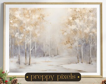 May include: A framed watercolor painting of a snowy forest scene with a stream running through it. The trees are painted in shades of gold and white, and the background is a soft, muted gray. The painting is titled "preppy pixels".