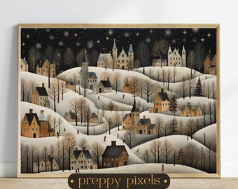 May include: A painting of a snowy village at night with houses, trees, and people walking in the snow. The sky is dark blue with white stars. The painting is framed in a wooden frame.