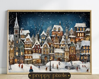 May include: A snowy winter village scene with a tall church steeple, snow-covered houses, and people ice skating on a frozen pond. The sky is dark blue with falling snow and twinkling lights.