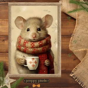 Christmas Wall Art Mouse Drinking Coffee Printable Rustic Xmas Art Vintage Christmas Art Xmas Prints