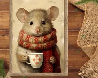 Christmas Wall Art Mouse Drinking Coffee Printable Rustic Xmas Art Vintage Christmas Art Xmas Prints