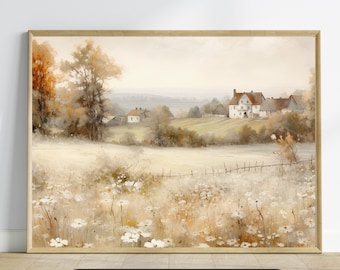 May include: A watercolor painting of a countryside scene with a white farmhouse in the distance, surrounded by trees and a field of white flowers.