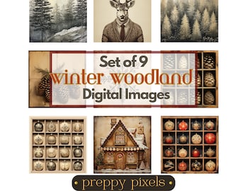 May include: Set of 9 winter woodland digital images. The images feature a deer wearing a sweater and tie, a snowy forest, a house with a gingerbread design, and ornaments in a wooden box.