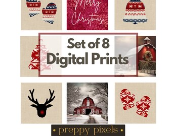 May include: Set of eight digital prints featuring a variety of winter-themed designs, including mittens, bells, a reindeer, and a red barn. The prints are all in a rustic style with a burlap background. The text "Merry Christmas" and "Set of 8 Digital Prints" are also included in the image.
