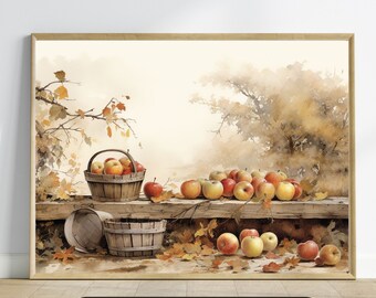Fall Wall Decor Printable Autumn Apple Basket on Rustic Bench Rustic Fall Art Vintage Autumn Wall Print Autumn Decor Thanksgiving Print