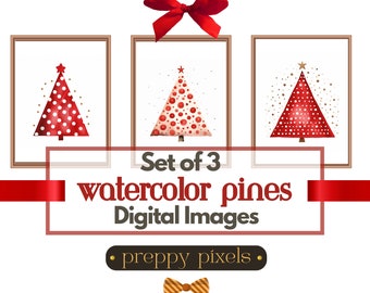 Watercolor Christmas Tree Print Set: Red Polka Dot Gallery Wall Art (Digital Download)