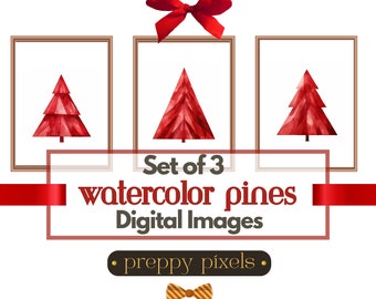 May include: Set of three digital watercolor images of red pine trees in gold frames. The text "Set of 3 watercolor pines Digital Images" is below the frames. The text "preppy pixels" is below the text. A red bow is above the frames.