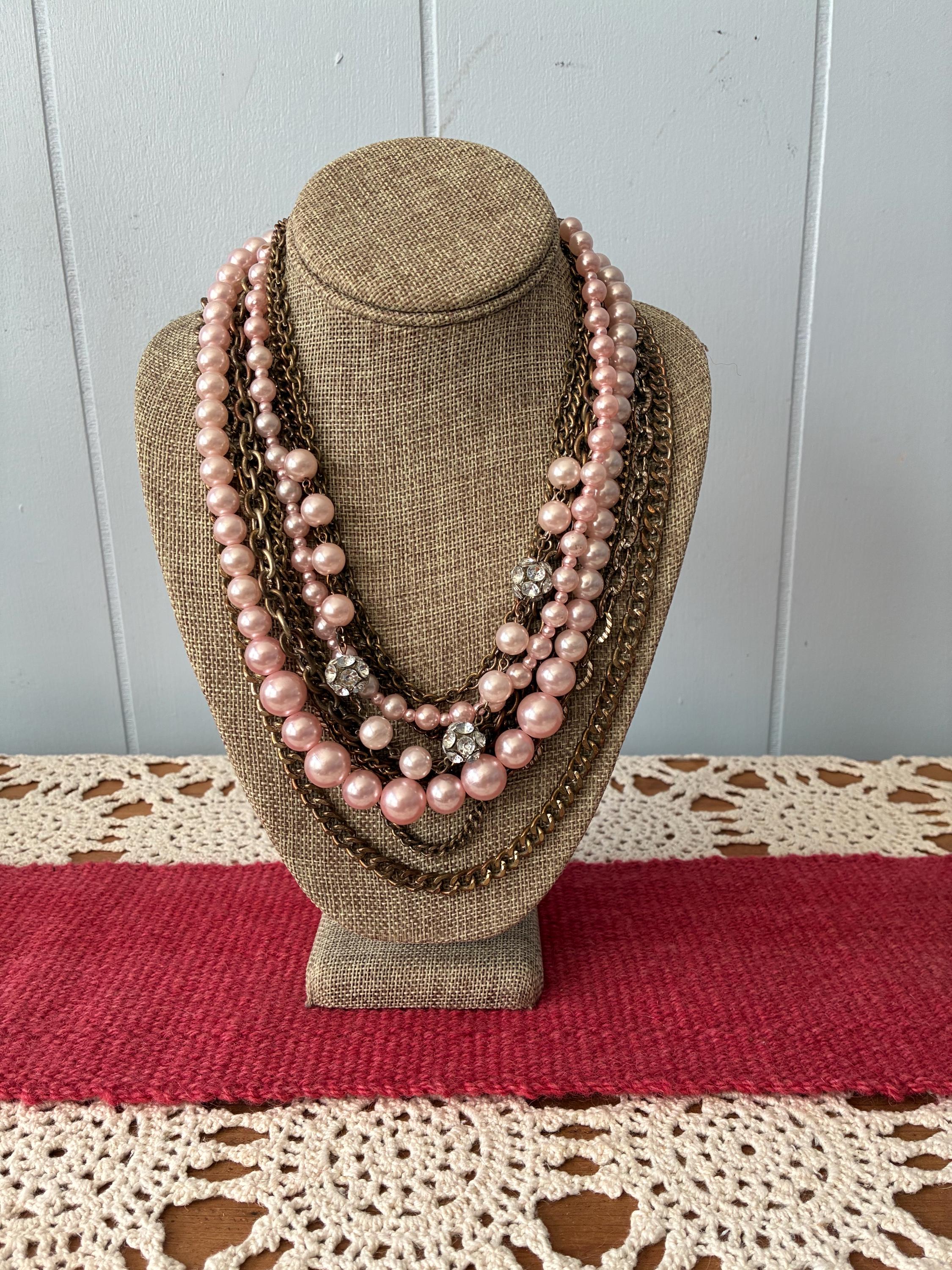Vintage 2000s Pink Pearl, Rhinestone and Brass Chain Boho Necklace. - Etsy