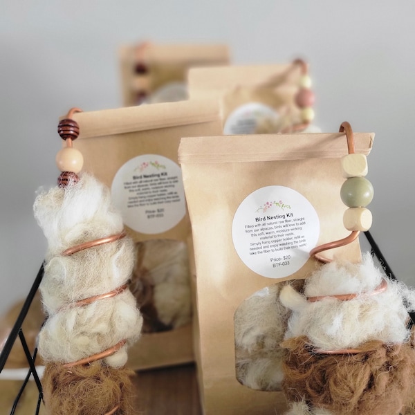 Handcrafted Alpaca Fiber Bird Nesting Kit - Natural Birdhouse Materials - Eco-Friendly Nesting Supplies. Copper Holder and 2 oz Fiber Refill