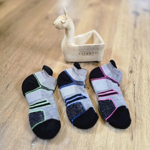 May include: Three pairs of grey athletic socks with black heels and toes, and blue, green, and pink accents. A small, light-coloured llama-shaped decorative planter sits in the background on a wooden surface.