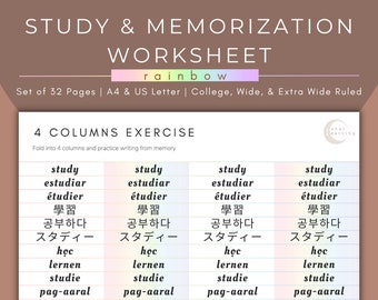 Plantilla de estudio / Hoja de trabajo digital / Guía de revisión / Imprimible / Pastel arco iris / Memorizar a través de 4 columnas