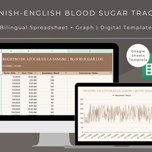 スペイン語-英語バイリンガル血糖値ログ | スプレッドシートトラッカー | Google スプレッドシートテンプレート | グルコースログ