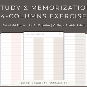 Puede incluir: Una descarga PDF imprimible de 64 páginas de ejercicios de estudio y memorización de 4 columnas. Las páginas están regladas con líneas de universidad y de regla ancha. El texto "4 Columns Exercise" está en la parte superior de la página.