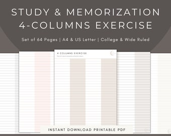 Plantilla de estudio / Hoja de trabajo digital / Guía de revisión / Imprimible / Memorizar a través de 4 columnas