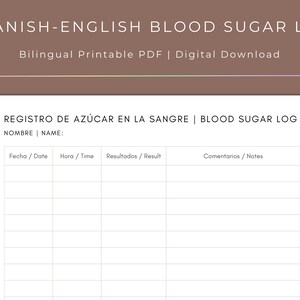 スペイン語-英語バイリンガル血糖値/グルコースログ | 印刷可能な PDF テンプレート | デジタルダウンロード
