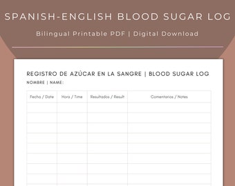 Registro bilingüe español-inglés de azúcar en sangre/glucosa / Plantilla PDF imprimible / Descarga digital