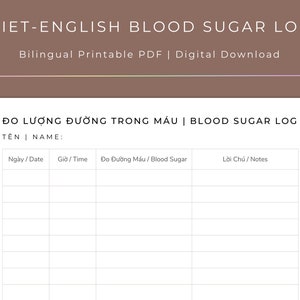 ベトナム語-英語バイリンガル血糖値/グルコースログ | 糖尿病ケア | 印刷可能な PDF テンプレート | デジタルダウンロード