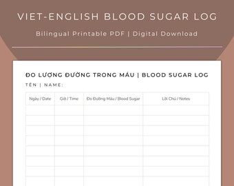 Registro bilingüe vietnamita-inglés de azúcar en sangre/glucosa / Cuidado de la diabetes / Plantilla PDF imprimible / Descarga digital