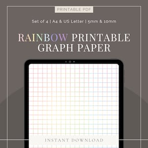 May include: A digital illustration of a rainbow-colored graph paper sheet. The paper is divided into 5mm squares. The text "RAINBOW PRINTABLE GRAPH PAPER" and "INSTANT DOWNLOAD" is visible on the image.