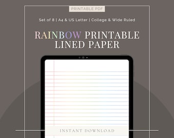 Pastel Rainbow Lined Writing Paper Printable PDF | Set of 8 | A4 + US Letter | College + Wide Ruled