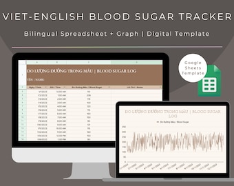 Registro bilingüe de azúcar en sangre vietnamita-inglés / Rastreador de hojas de cálculo / Plantilla de hojas de cálculo de Google / Registro de glucosa