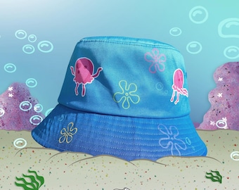 Sombrero tipo cubo con estampado de medusas / Ambiente oceánico / Ropa para festivales / Playa / Verano / Bob Esponja / Sombrero / Fiesta rave / Accesorios