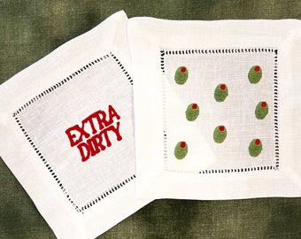 Extra Dirty Martini Embroidered Cocktail Napkins, Dirty Martini Cocktail Napkins, Olive Cocktail Napkins, Martini Cocktail Napkins