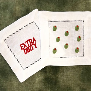 Extra Dirty Martini Embroidered Cocktail Napkins, Dirty Martini Cocktail Napkins, Olive Cocktail Napkins, Martini Cocktail Napkins